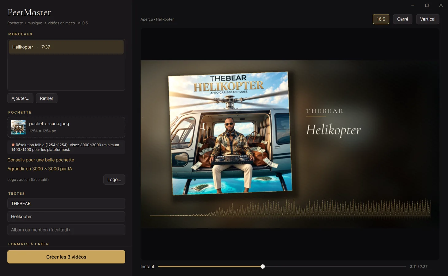 PeetMaster, logiciel Windows du studio : la fenêtre du logiciel avec l'aperçu d'une vidéo.