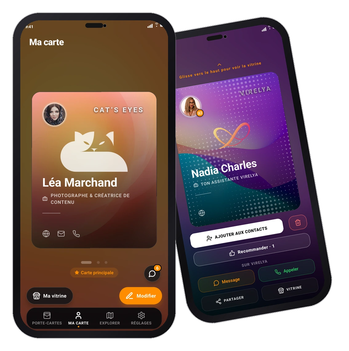 Deux téléphones : à gauche « Ma carte », la carte d’une photographe ; à droite la carte reçue d’un contact, avec les boutons Ajouter aux contacts, Message et Appeler.